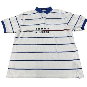 Tommy Hilfiger Men's Large White Striped Embroidered Polo Shirt Vintage